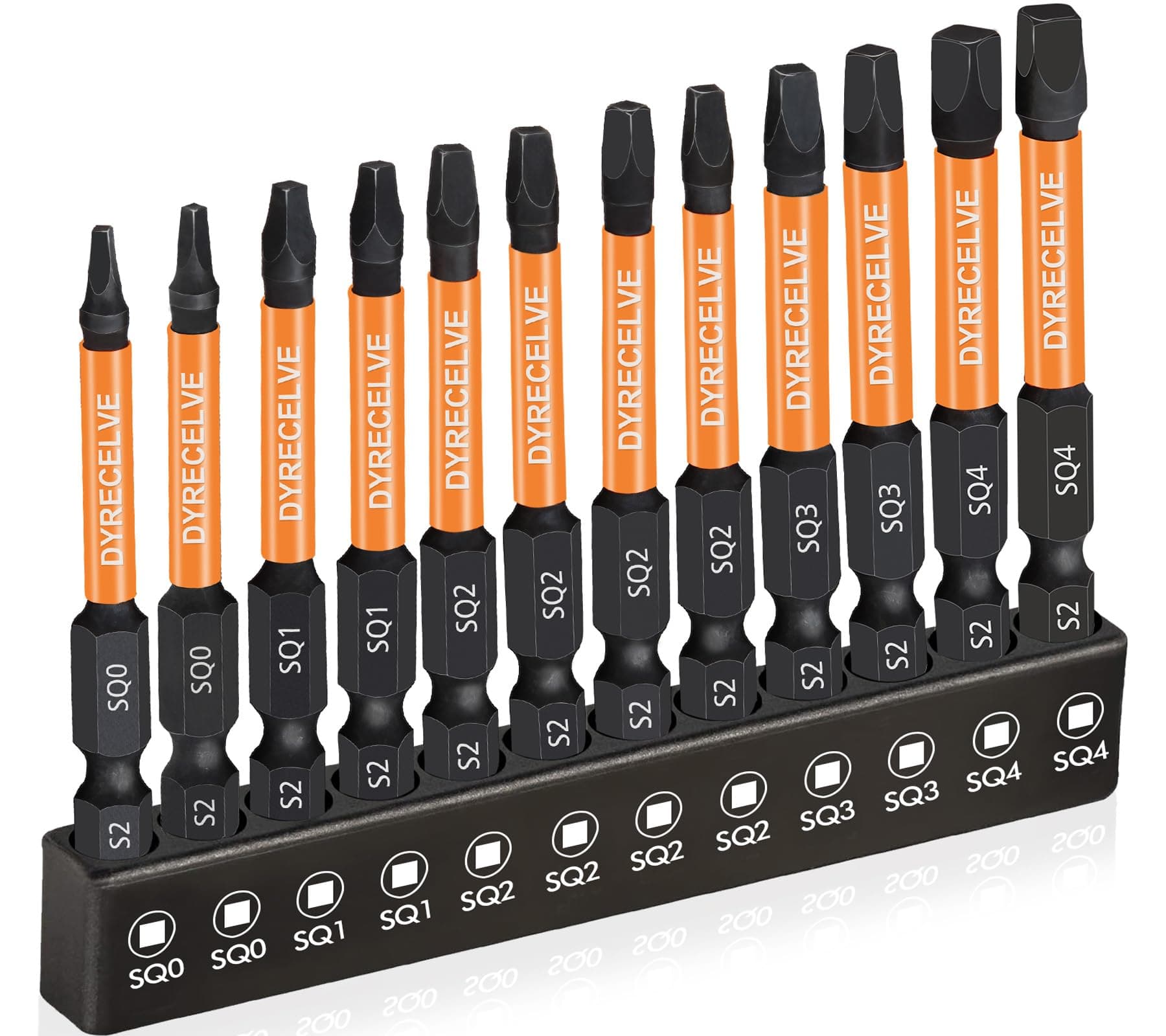 12-Pack Square Drive Bits- PREMIUM S2 Alloy Steel Square Bit Set Magnetic Heads- Robertson Square Drill Bit Set (Long 2.55"& Hex Shank) Square Head Screwdriver Sizes #0, 1, 2, 3, and #4