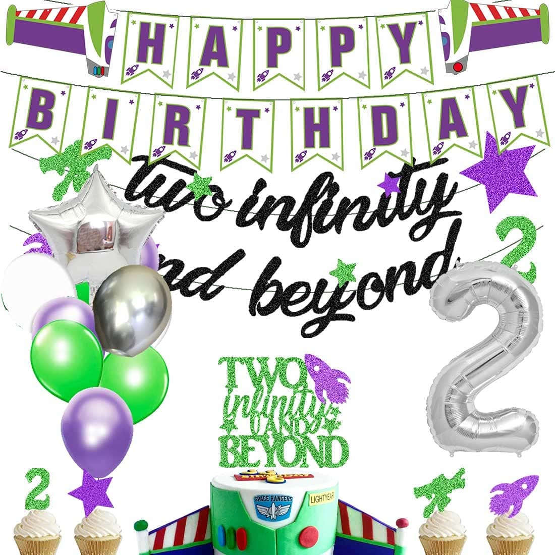 HEETONTwo Infinity and Beyond Banner and Buzz Cake Topper Light year Toy Inspired Story 2nd Birthday Balloons Party Supplies Decoration Photo Prop for Girl Boy Baby Bday