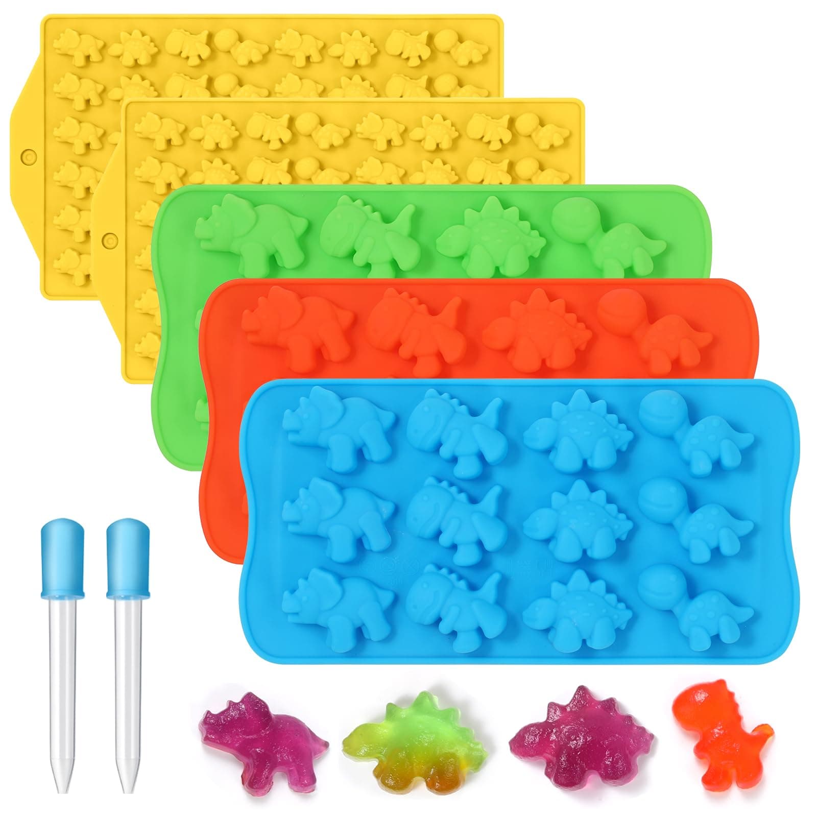 2 Sized Dinosaur Candy Molds Gummy Molds - Regular and Mini size Dinosaur Silicone Chocolate Molds Nonstick Set of 5 Including Triceratops T-Rex Stegosaurus Brontosaurus