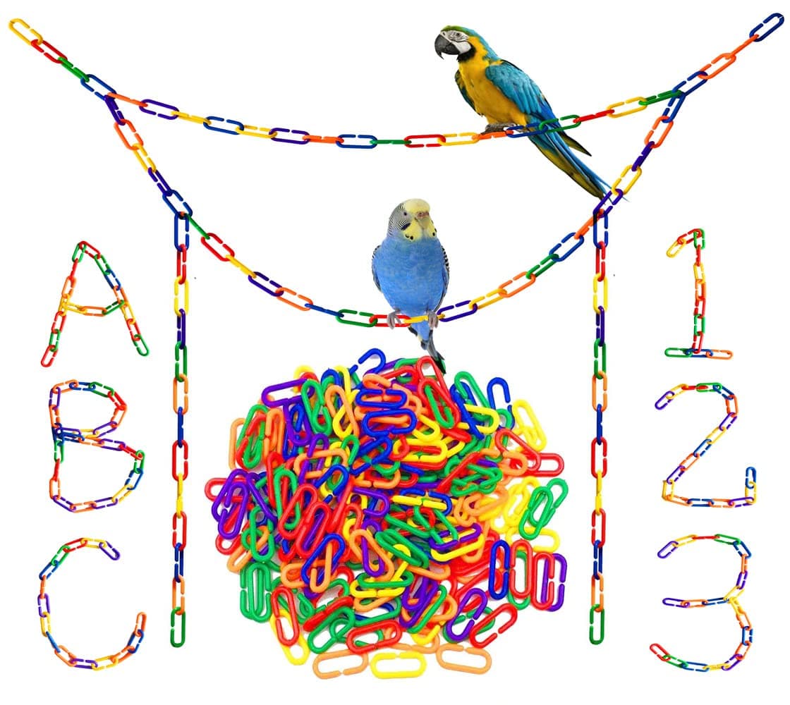 200-Piece Rainbow Plastic Chain Links & Toys - Interlocking C-Clip Bird Cage Accessories for Parakeets, Sugar Gliders, Small Pets (Climbing/Swinging Toys)