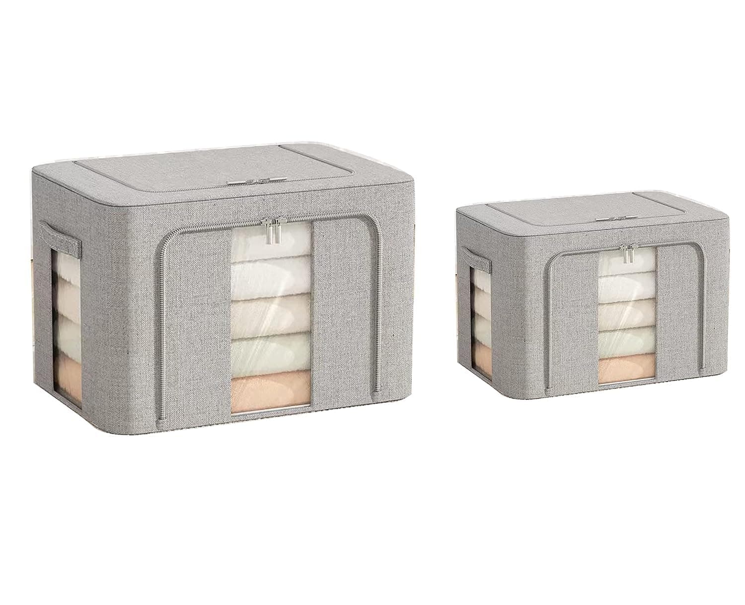 bpa Clothes Storage Organizer, 2 Pack Foldable Clothing Storage Bins with Zippers and Double Visible Window, Large Capacity Cloth Container Box with Reinforced Handles, (24L and 66L, Grey)