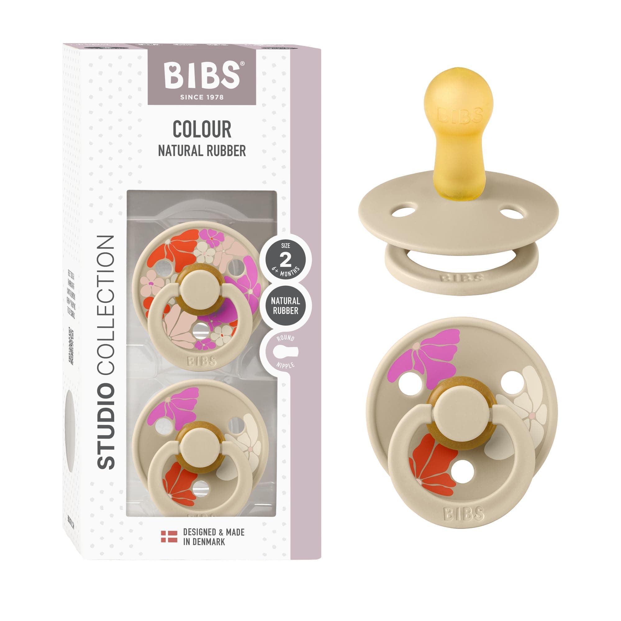 BIBS Colour Studio Soother 2-Pack, BPA Free Dummy Pacifier, Round Nipple. Natural Rubber Latex, Made in Denmark, Size 2 (6-18 Months), Morning Bloom Vanilla
