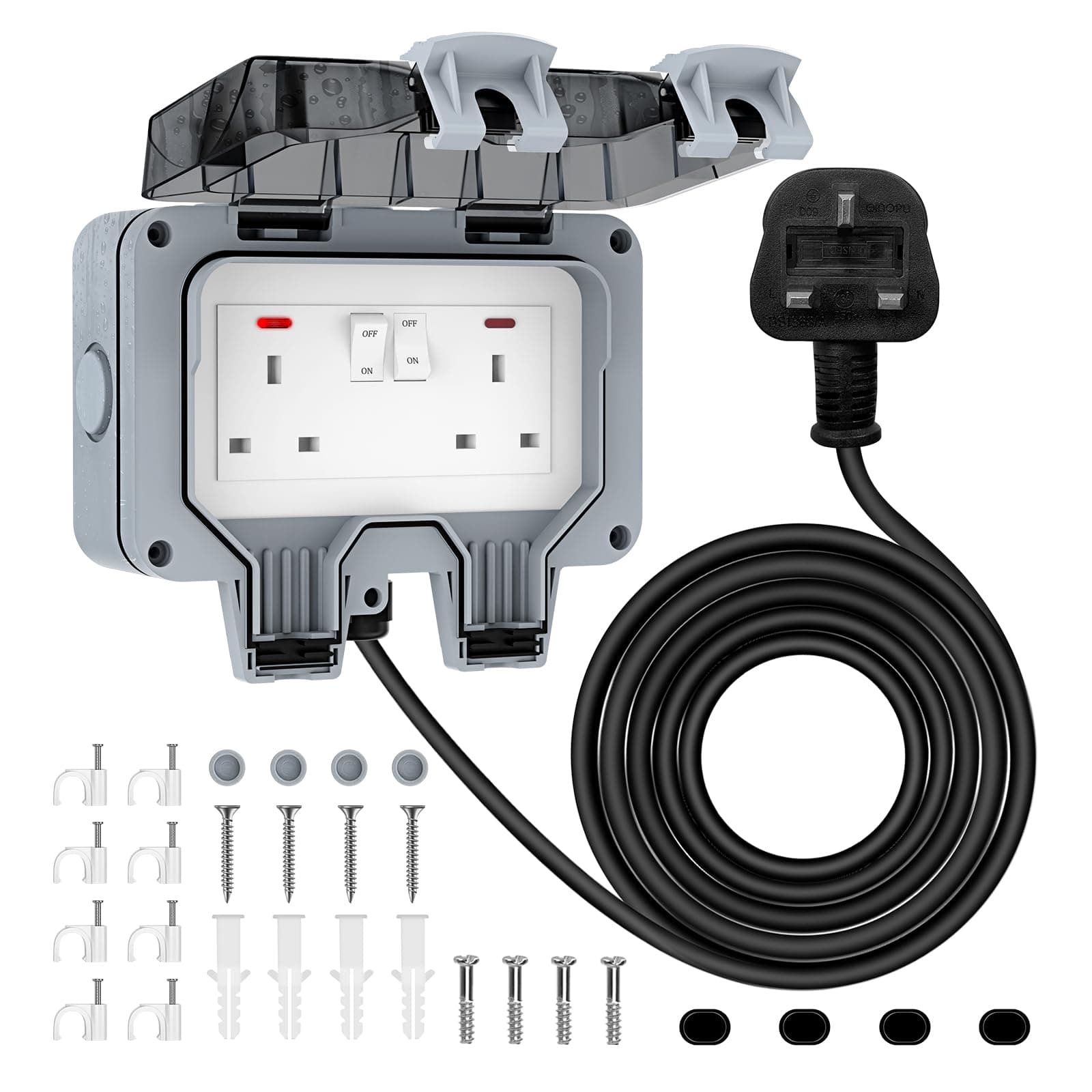 Weatherproof Outdoor Socket Waterproof Double Socket 3M Extension Lead IP66 Switched Wall Electrical Outlet 13 Amp 2 Gang Power Socket, Garden Outside Plug Sockets Cover Box