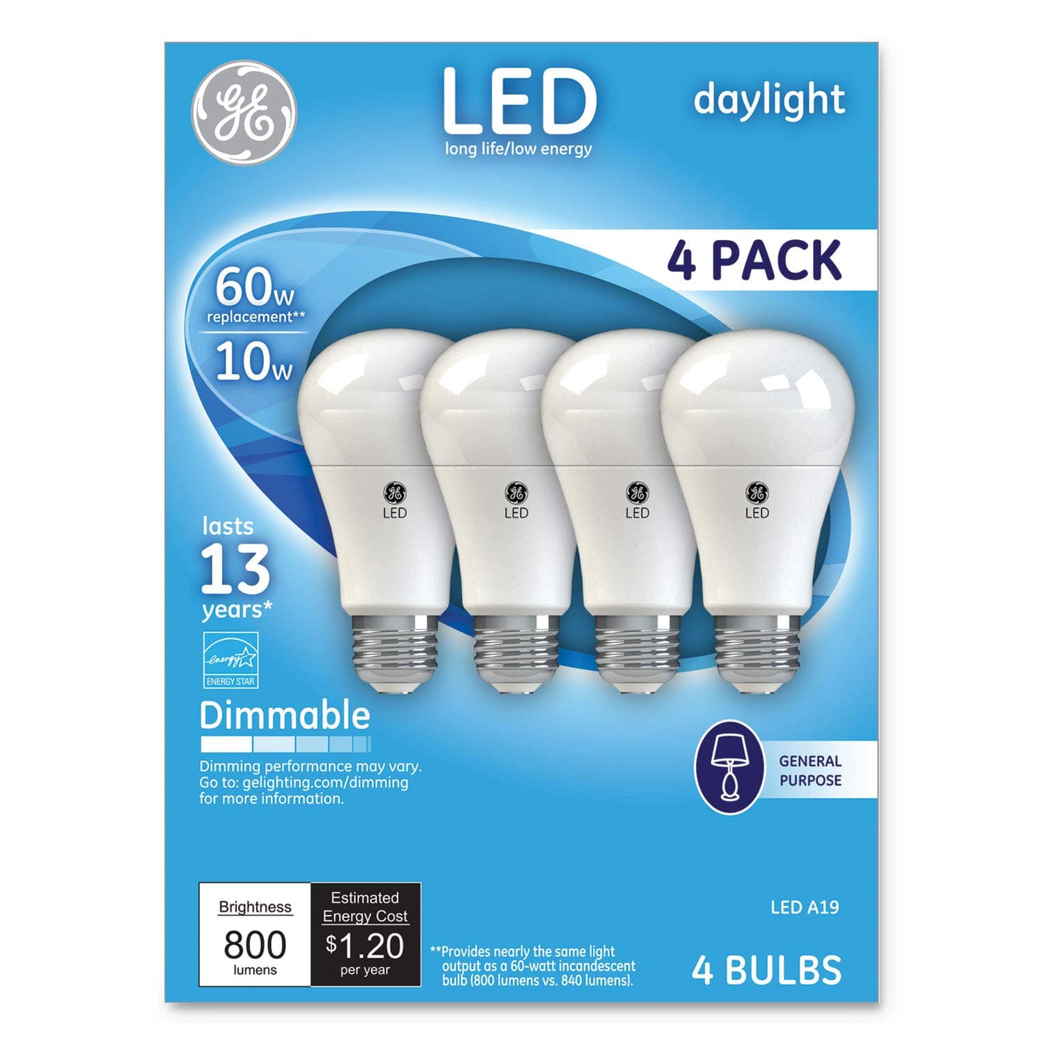 Lighting LED Standard Light Bulbs, 10 Watts (60 Watt Equivalent) Daylight, Medium Base, Dimmable (4 Pack)