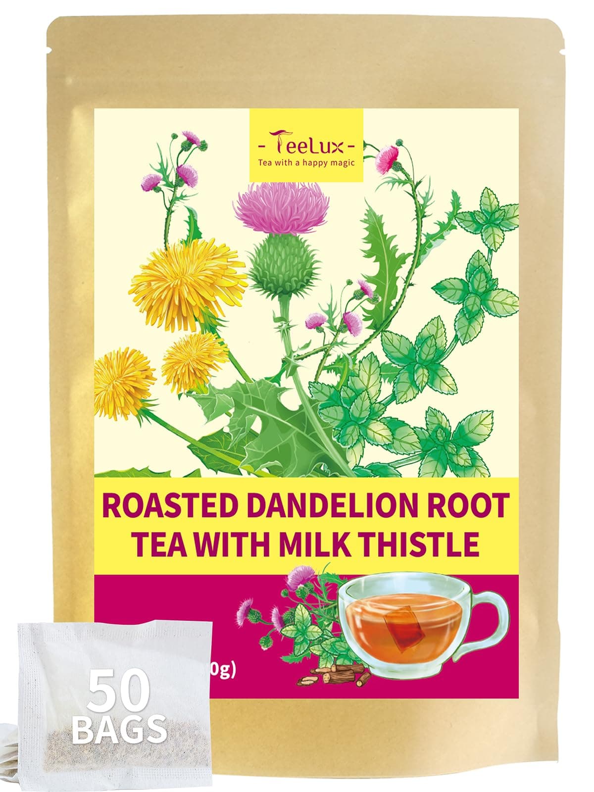 TeeLux Roasted Dandelion Root Tea with Milk Thistle & Peppermint, Smooth & Refreshing Flavor, Caffeine Free, 50 Count