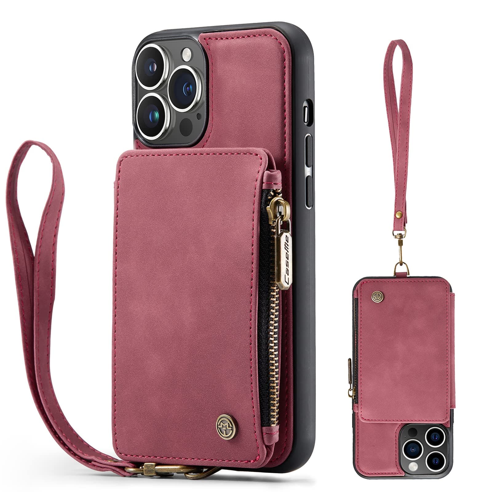 SWP for iPhone 14 Pro Max Case w/Card Holder [RFID Blocking] [3 Card Slots] [1 Money Pocket], Card Holder Slot Cases w/Wristlet Zipper Wallet for iPhone 14 Pro Max (Red)