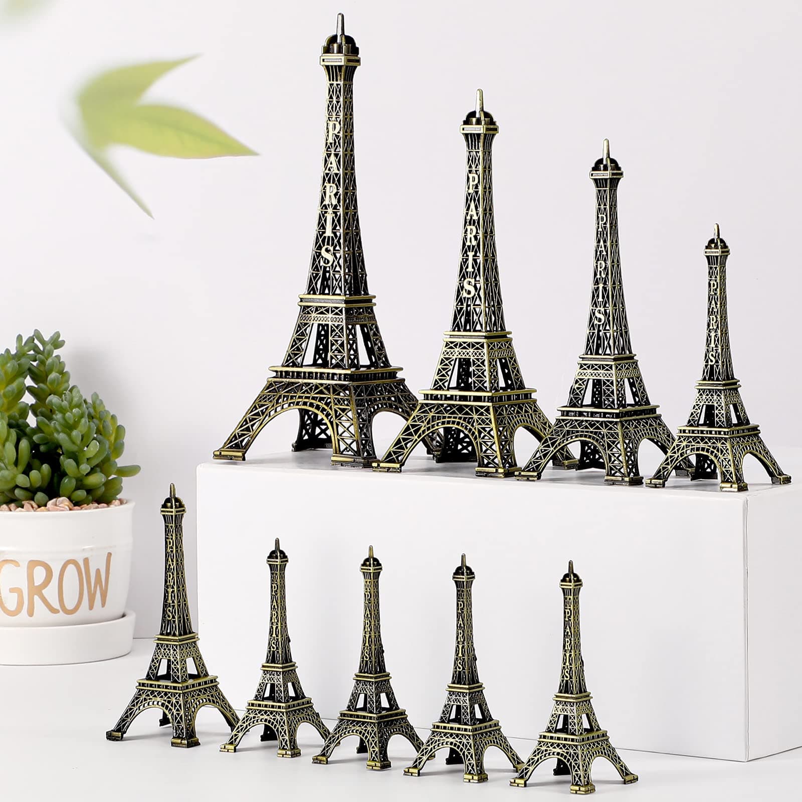 9 Pcs Eiffel Tower Statue Decor Alloy Metal Paris Tower Party Decoration 5 Size Eiffel Decor French Table Stand Holder Gift for Cake Topper Collectible Figurine Replica Home(Bronze)