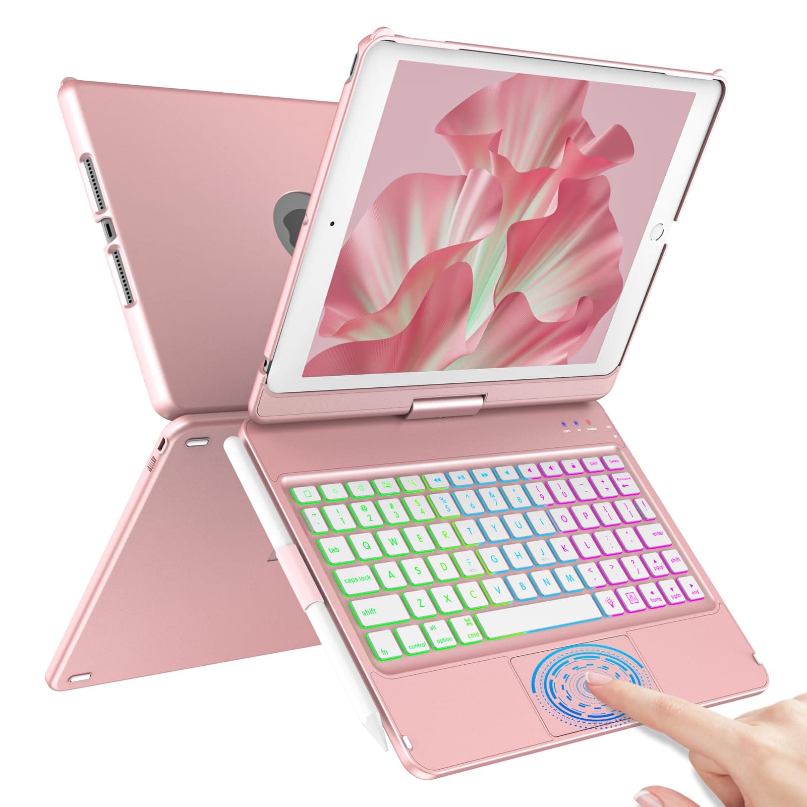 COO Touch Keyboard Case for iPad 10.2" 9th 8th 7th Generation, Multi-Touch & 10 Color Backlit Keys, 360° Rotatable & Pencil Holder, for iPad Air 3rd Gen 10.5" 2019, iPad Pro 10.5" 2017 - Rose Gold