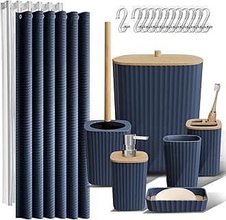 Clara Clark Bathroom Accessories Set - Bathroom Accessory Set with Shower Curtain Set, Toilet Brush, Trash Can & Soap Dispenser (Navy Blue, Complete Set)