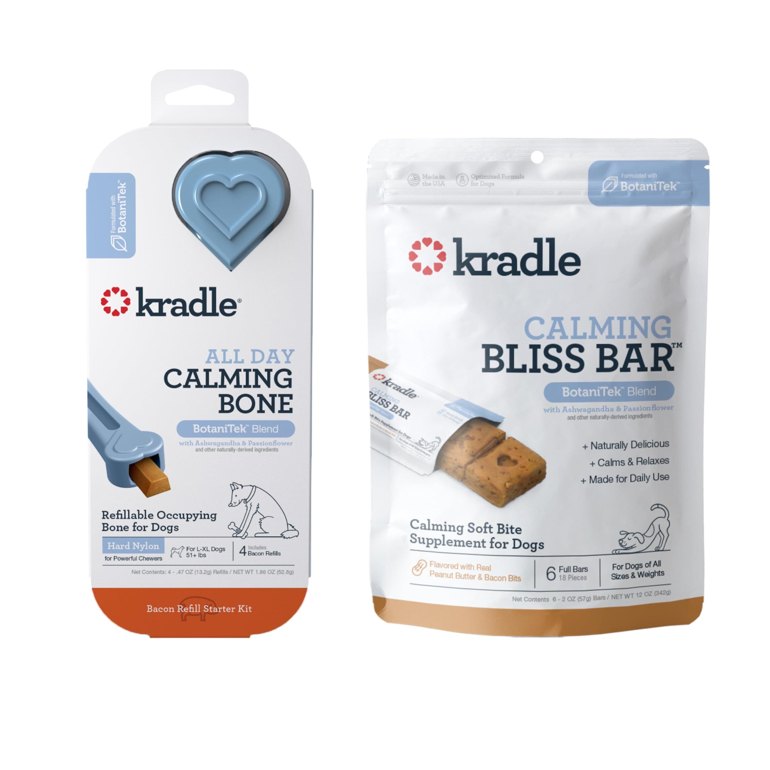 Kradle All Day Calming Bone & Bliss Bar Bundle - 8 Inch Hard Nylon Interactive Dog Toy with 6 Soft Peanut Butter Bars - Dog Stress Relief Support for Separation, Thunder, Fireworks, & Car Rides