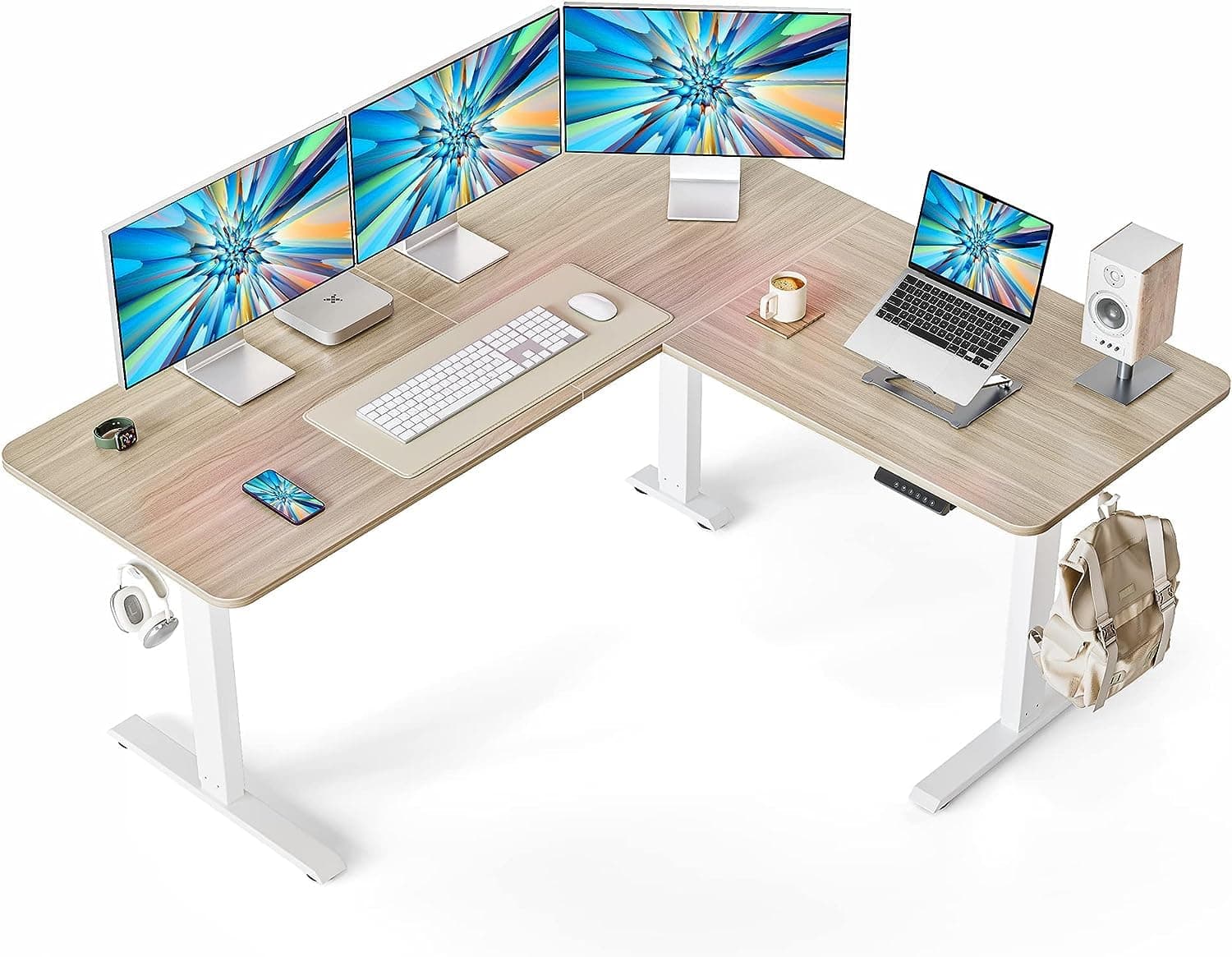 FEZIBO 63" L Shaped Standing Desk Height Adjustable, Sit Stand Home Office Desk with Splice Board, Electric Stand up Corner Desk, White Frame/Light Walnut Top