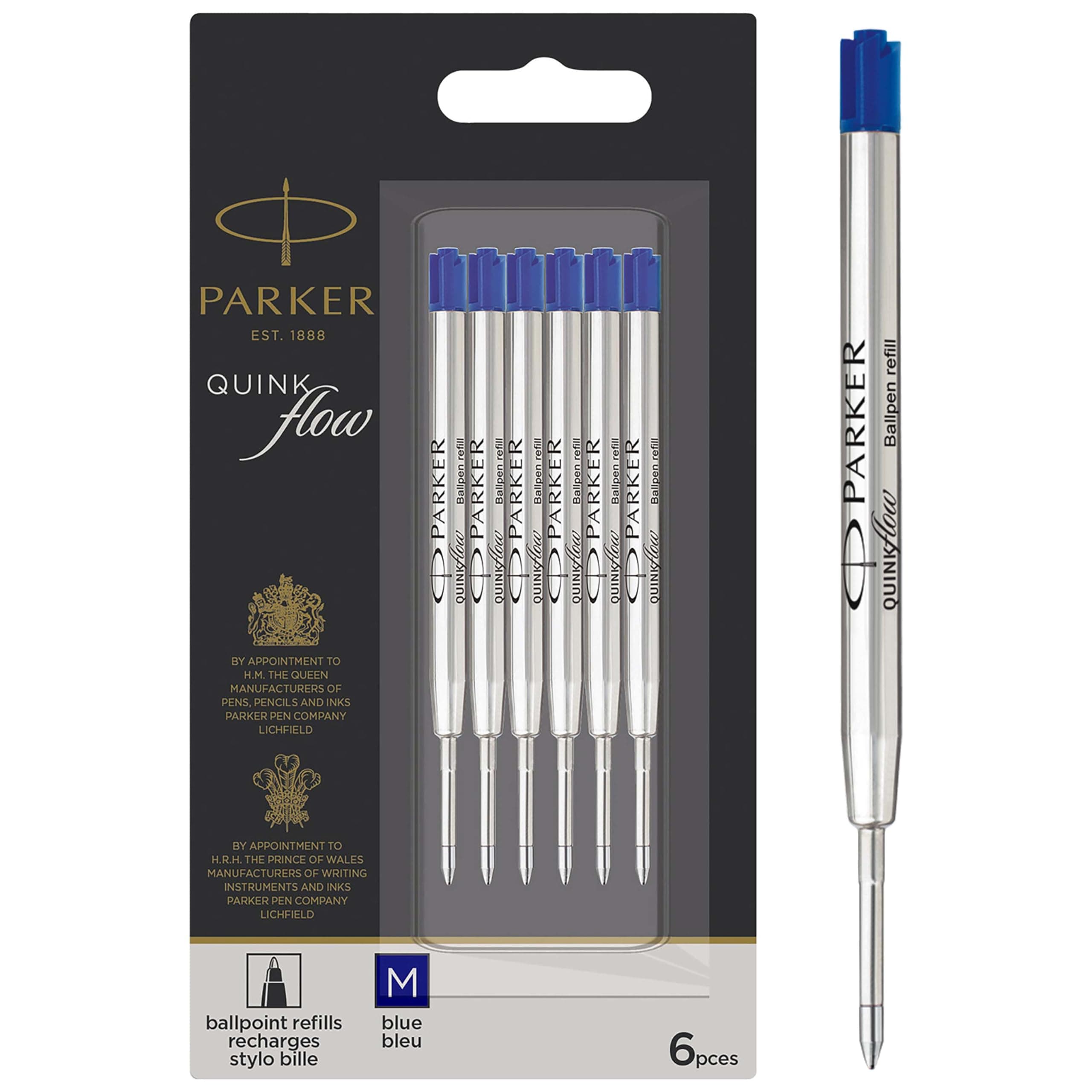 Parker Authentic QUINKflow Ballpoint Pen Refills, Medium Point Blue Ink, 6-Count Value Pack