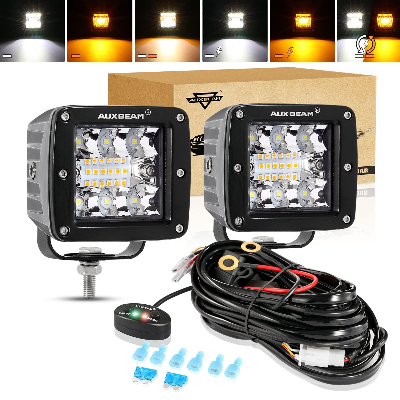 Auxbeam 3 Inch 72W LED Cube Light Bar Amber/White Work LED Pod Lights Off-Road Driving Lights for Truck SUV Boat 4x4 Jeep Wrangler (Six Modes Lighting)