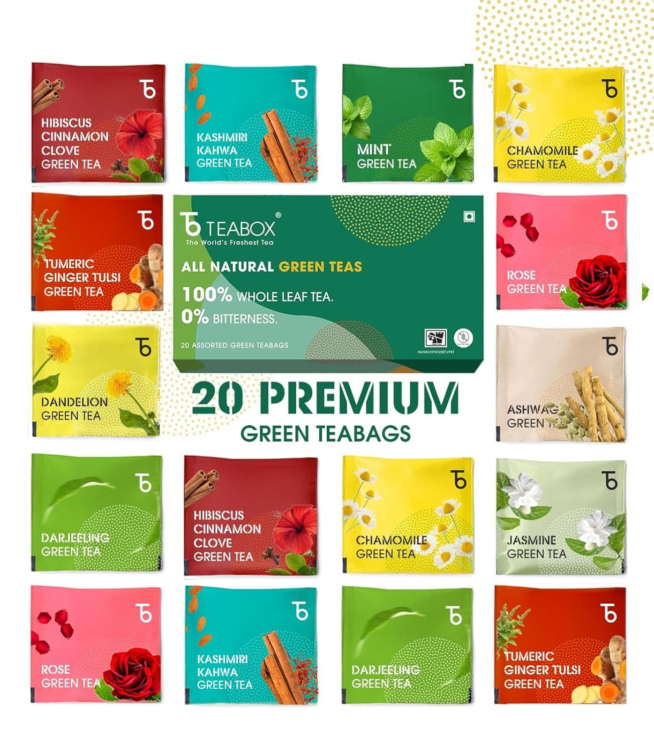 Teabox Wellness Green Tea Sampler Pack - 20 Assorted Tea Bags, 10 Flavors × 2 Each | Whole Leaf, 0% Bitterness | Green Tea Variety Pack for Every Mood