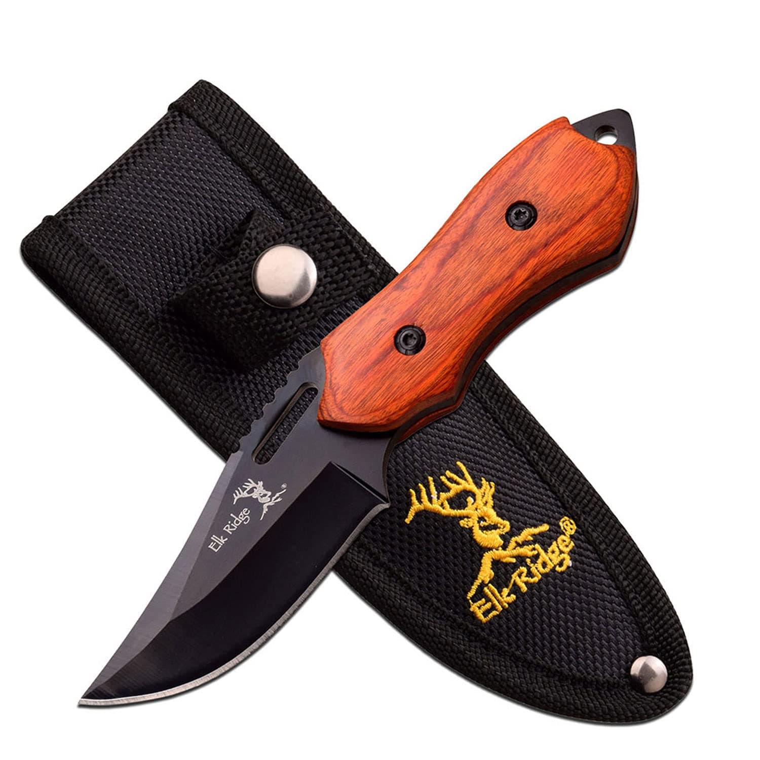 Elk Ridge - Outdoors Fixed Blade Knife - 6-in Overall, 3-in Black Stainless Steel Blade, Wood Handle, 1680D Nylon Sheath - Hunting, Camping, Survival (Wood)