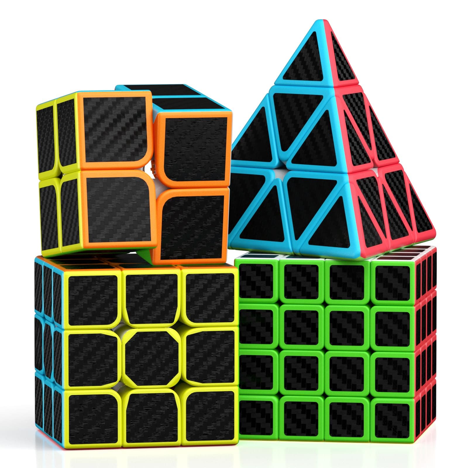 Speed Cube Set, 2X2 3X3 4X4 Pyramid Cube Stickerless with Instruction [4 Pack] (Carbon Fiber Cube Set)