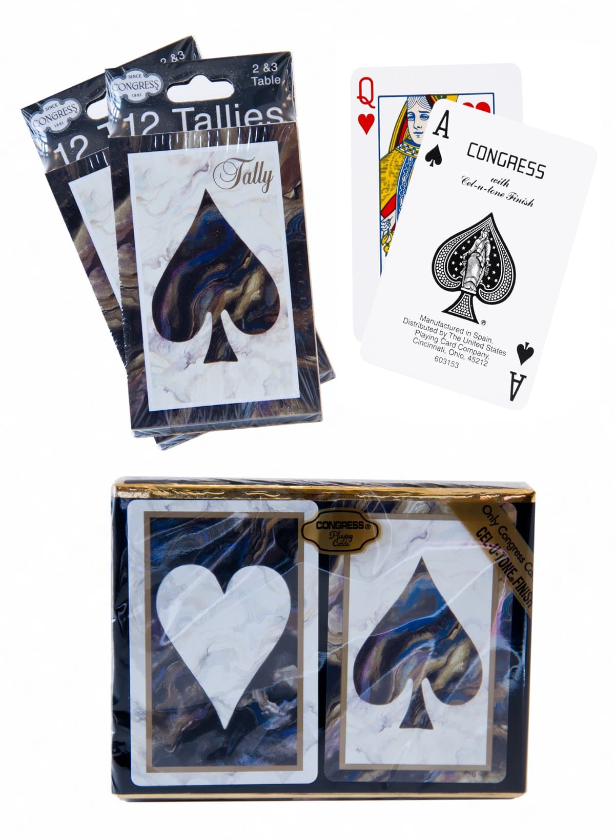 Bundle – 3 items: 1 Congress Playing Cards Black Marble Heart & Spade Bridge (2 Decks), with 2 Packs (12 Each Pack) Tallies, Standard Index