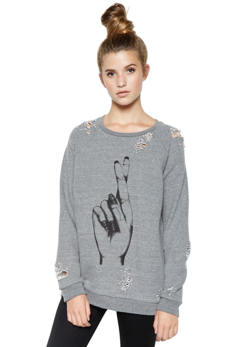 Lauren Moshi Heather Grey Jetta "Fingers Crossed" Oversized Distressed Pullover