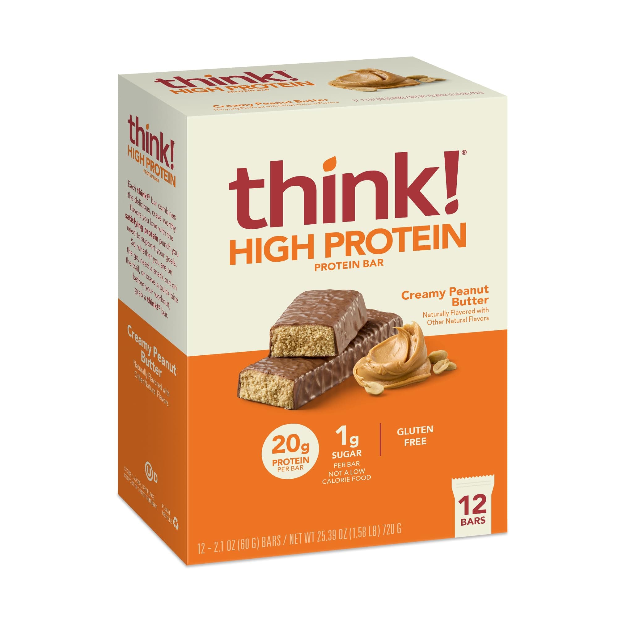 think! Protein Bars, High Protein Snacks, Gluten Free, Kosher Friendly, Creamy Peanut Butter, Nutrition Bars, 2.1 Oz per Bar, 12 Count (Packaging May Vary)