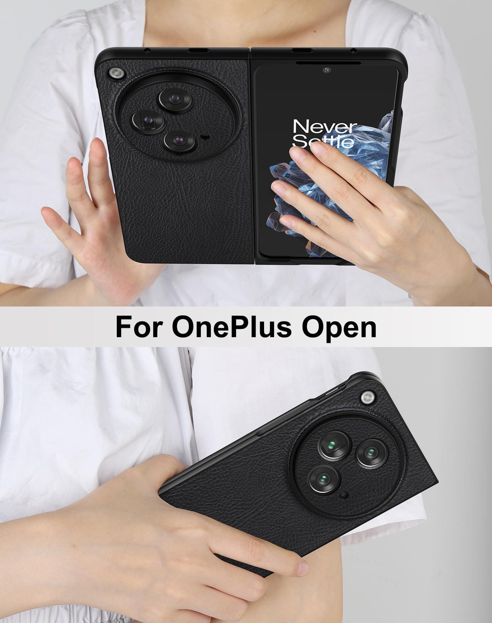 Suzii One Plus Open Case Leather,PU Leather Hard PC Shell Ultra Thin Slim Durable Protective Phone Cover for Oneplus Open (Black)