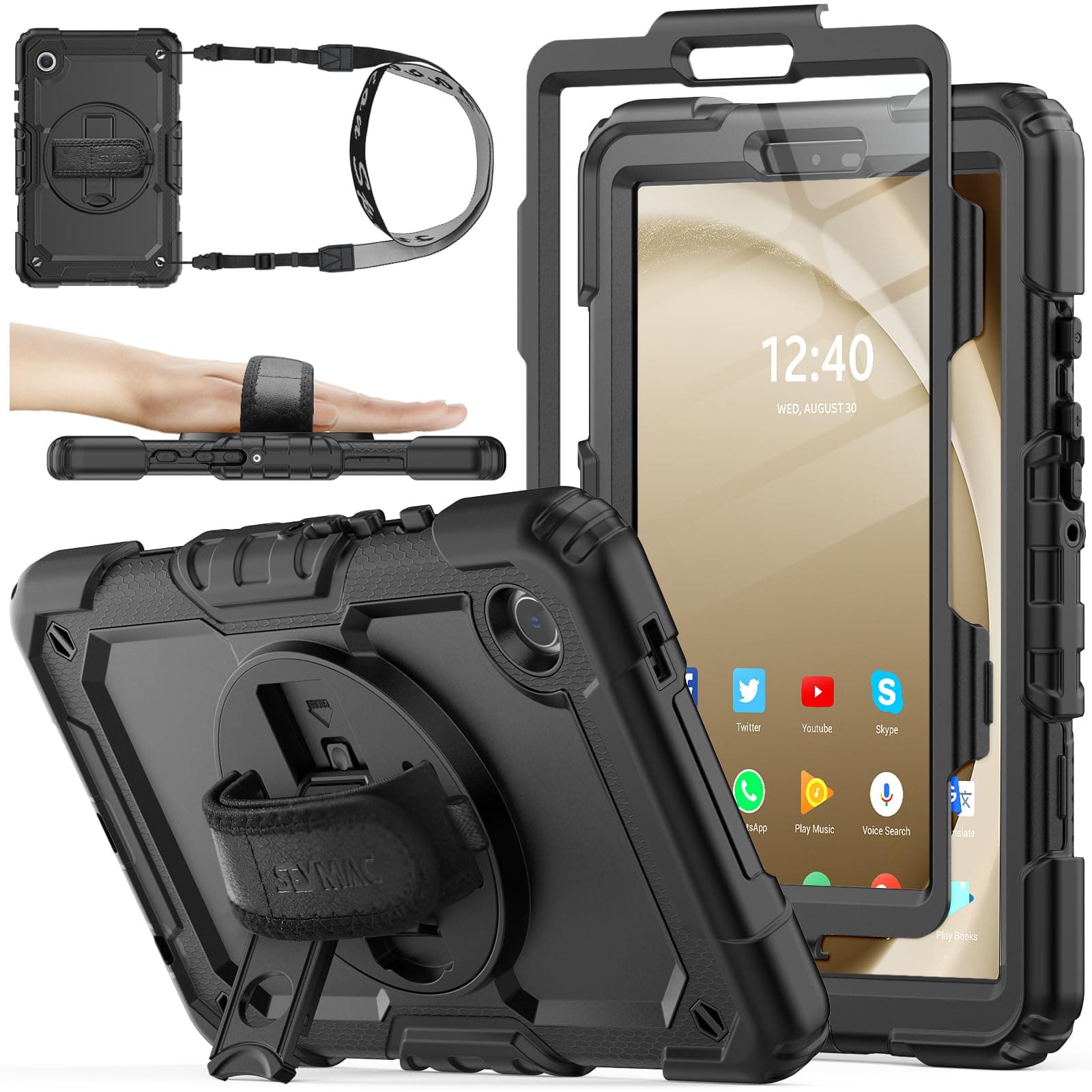 SEYMAC stock Case for Samsung Galaxy Tab A9 8.7'', Full-Body Drop Protection Case with Screen Protector Pencil Holder [360° Rotating Hand Strap] &Stand, Black