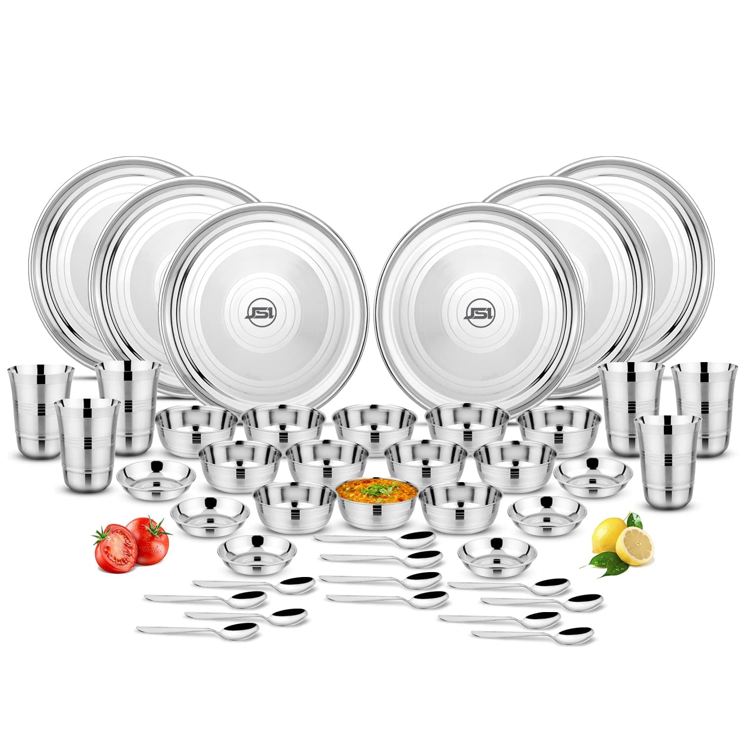 JSI Stainless Steel Dinner Set for Kitchen - 42 Pieces, Silver Color - 100% Food Grade Quality Steel for Home I Attractive Silver Touch Design With Glossy Mirror Finish