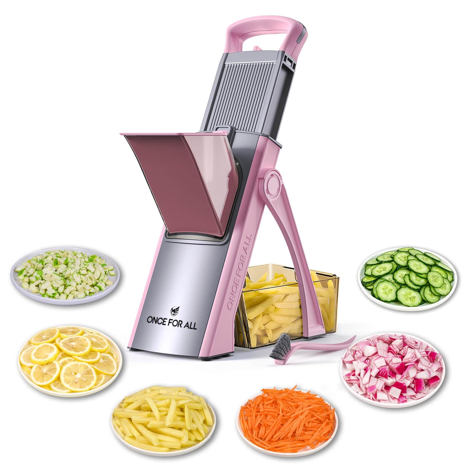 ONCE FOR ALL Upgrade Safe Mandoline Slicer Plus, Adjustable Vegetable Food Chopper Potato Fries French Fry Cutter, Detachable Blade, Kitchen Chopping Artifact, New Kitchen Gift (Pink)