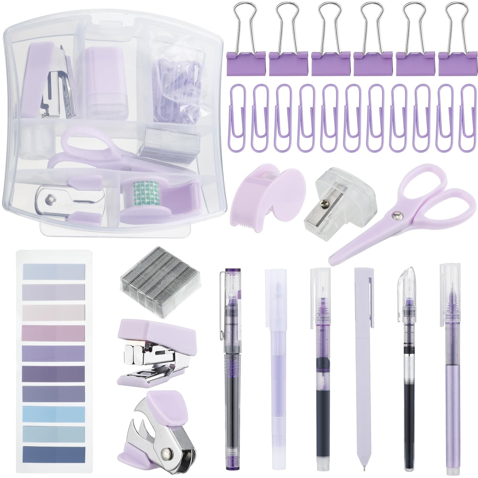 Colarr Mini Office Supply Kit Include Stapler Tape Dispenser Staple Remover Paper Clip Scissor Staple Pen Sharpener Note Small Telescopic Knife for Office Back to School Supplies Student Clerk(Purple)