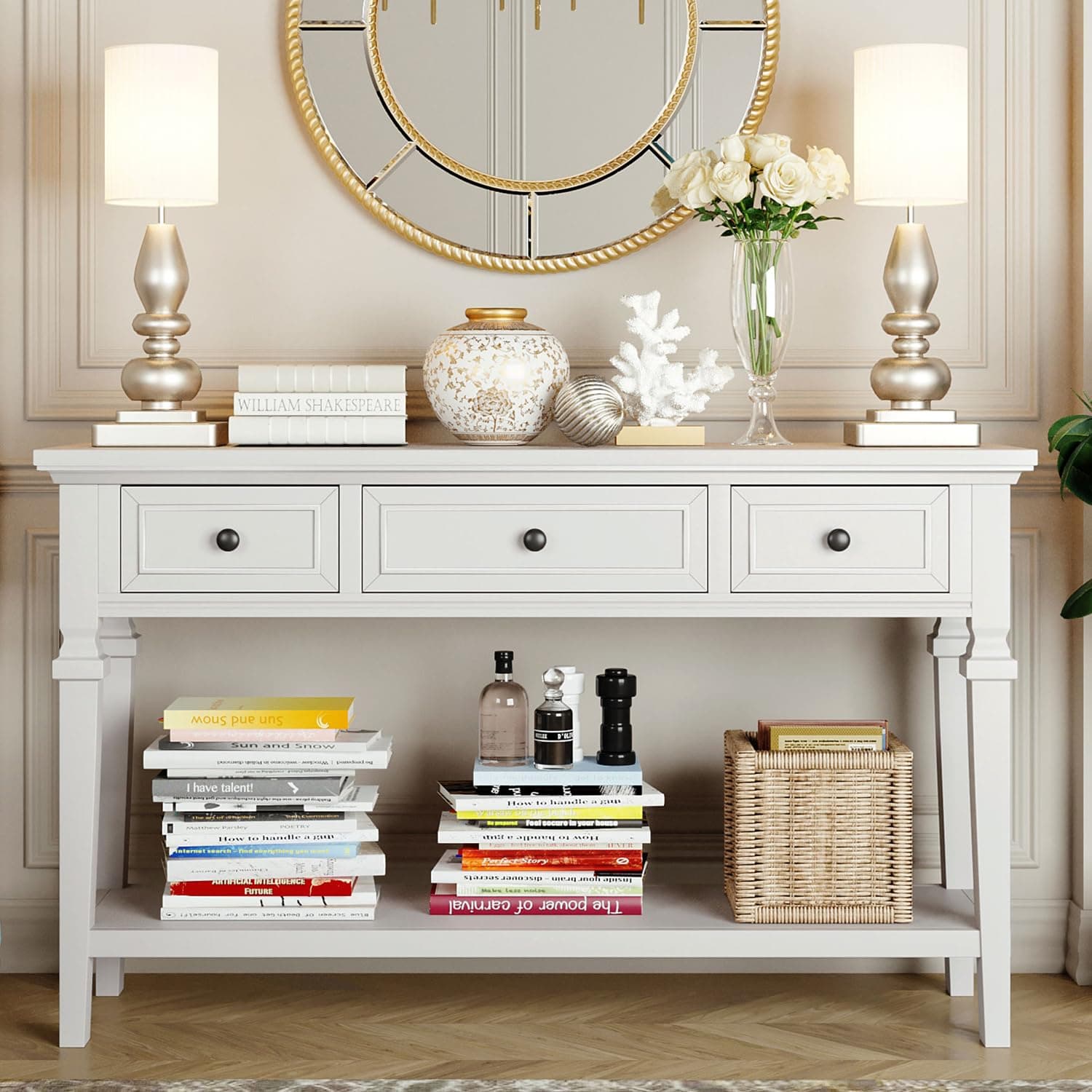 LostCat 50" Console Table with 3 Drawers, Retro Entryway Table with Storage and Bottom Shelf, Narrow Long Sofa Table for Entryway, Living Room, Hallway, Foyer, Kitchen Counter - Antique White