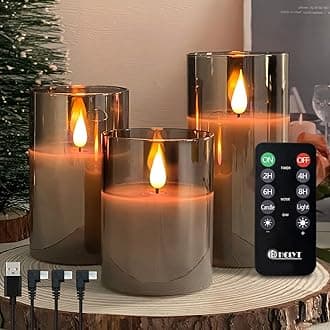 Rechargeable Flameless Candle, Flashing LED Pillar Real Wax Candle with Remote Control and Timer, Upgraded Teardrop Wick, Gray Electronic Candle, 1 Set of 3