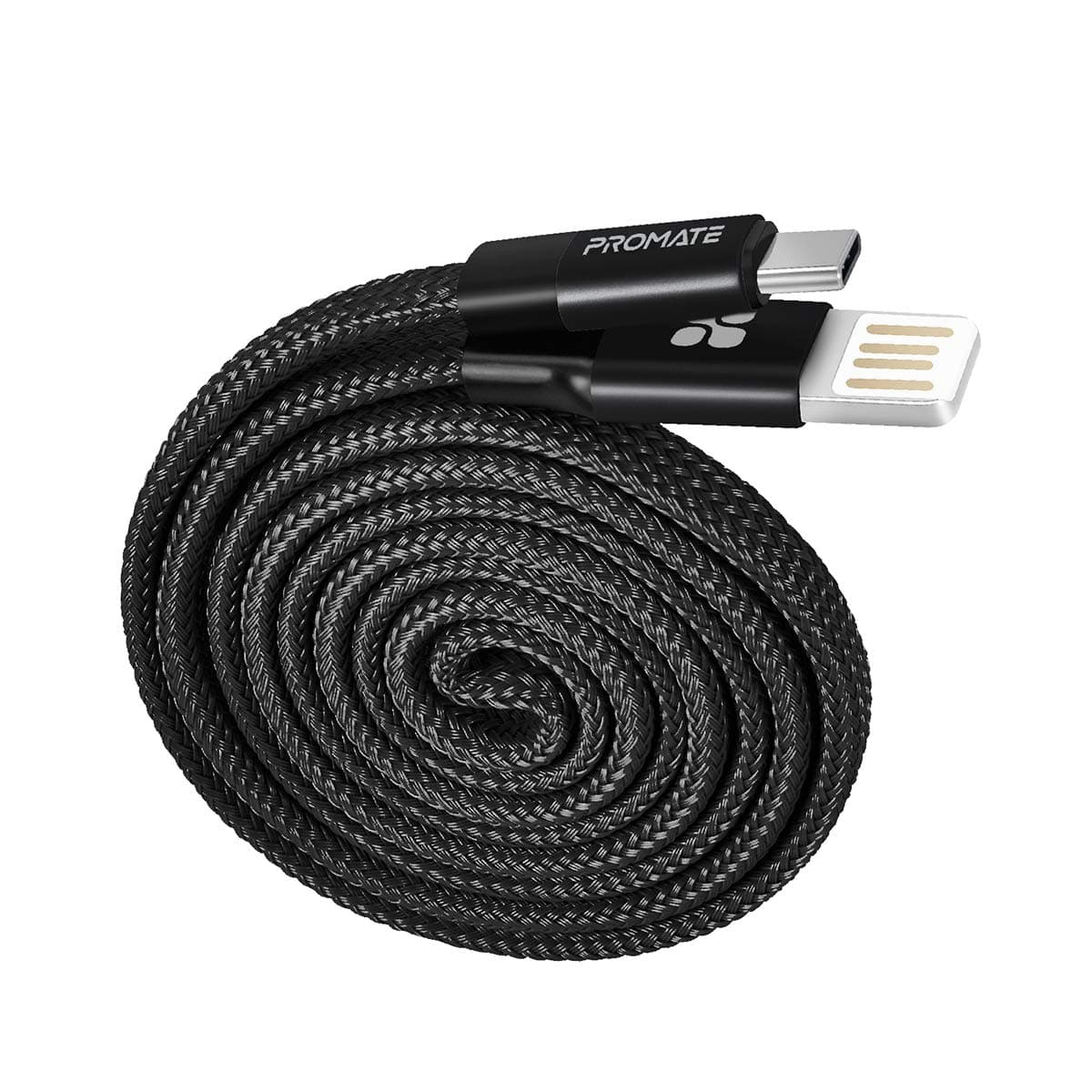 Promate Coiline-C Auto-Coiling USB-C Cable, Premium Fabric Braided Aluminium Alloy Reversible USB-A to Type-C Cable With 2A Fast Charge and Sync 1.2 Meter Cord, Coiline-C (Black)