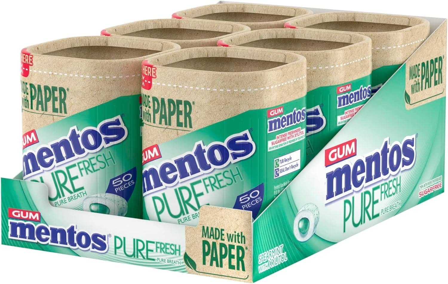MENTOS GUM - Pure Fresh Chewing Gum - Crisp Outer Shell and Liquid Filled Centre - Spearmint - 6 x 50 Pieces