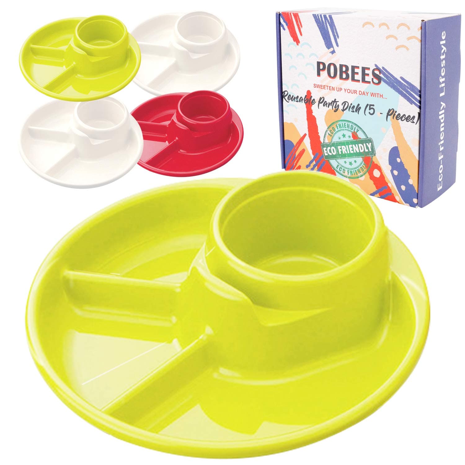 Reusable Party BBQ Plastic Plates – 2019 Zero Waste Divided Plates,BPA Free,Dishwasher,Unbreakable, Non-Toxin for Camping Outdoor Kids Adults, 5 Plates and 2 Mesh Produce Bags (2 Green 2 White 1 Red)