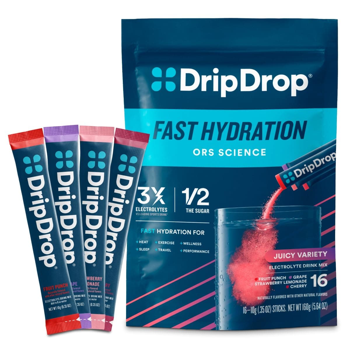 DripDrop Hydration Packets - Juicy Variety Pack - Single Serve Electrolytes Powder Drink Mix - Grape, Fruit Punch, Strawberry Lemonade, Cherry - Non-GMO, Gluten Free, Vegan - 16 Sticks