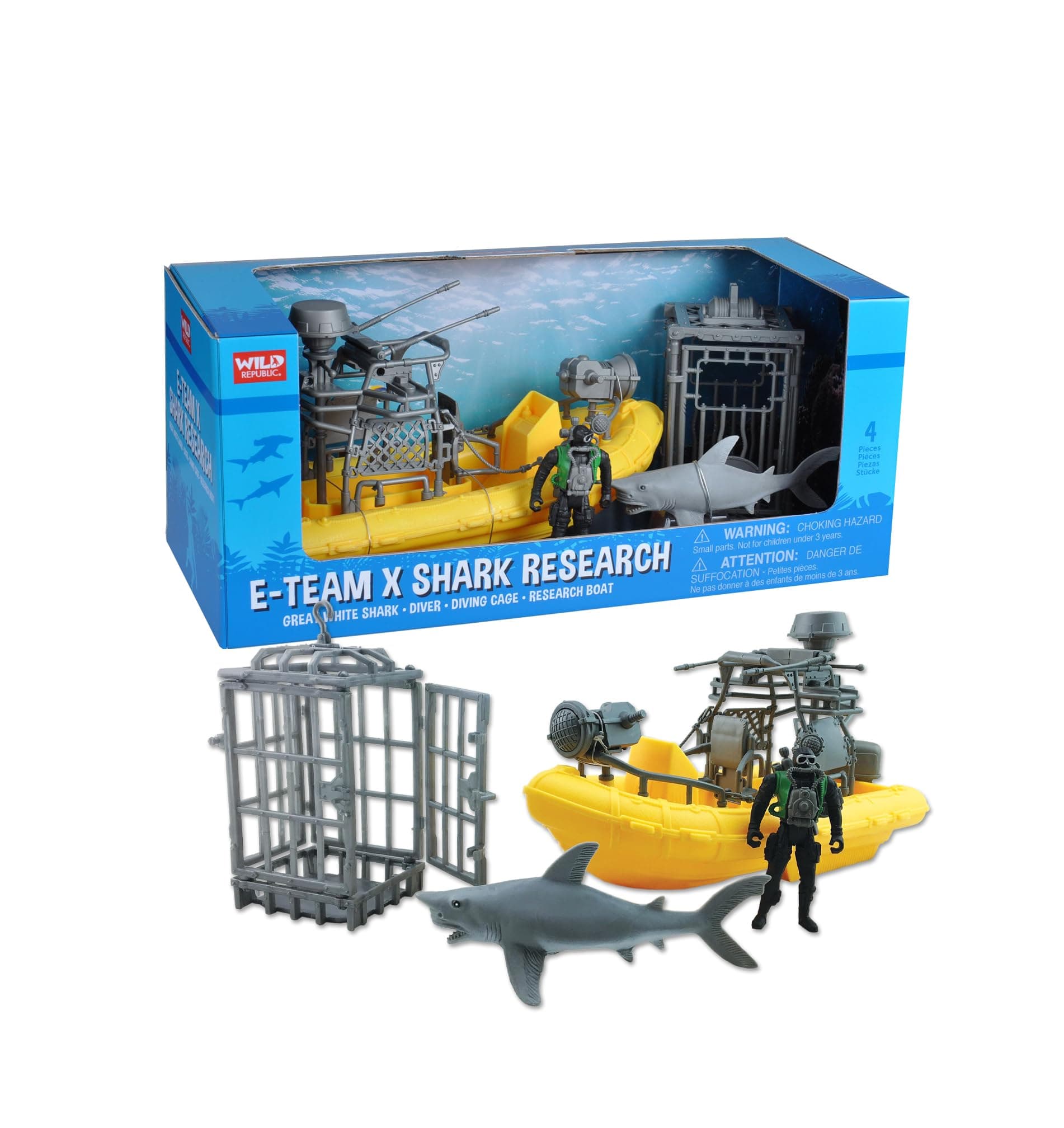 E-Team X Shark Set Playset, Action Figure, Shark, Boat, Diving Cage, Gifts for Kids, 4-Piece Set 15394 , Cuddlekins