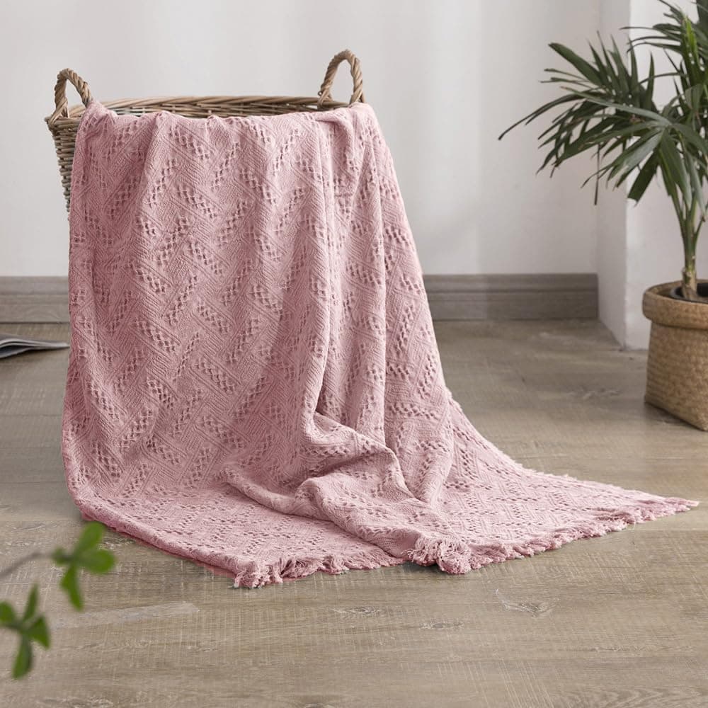 100% Cotton Throw Blanket for Bed, Couch, Boho Luxury Geometric Knit Woven Blanket with Tassels Soft Lightweight Cozy Breathable, Vintage Farmhouse Decoration for All-Season(Pink)