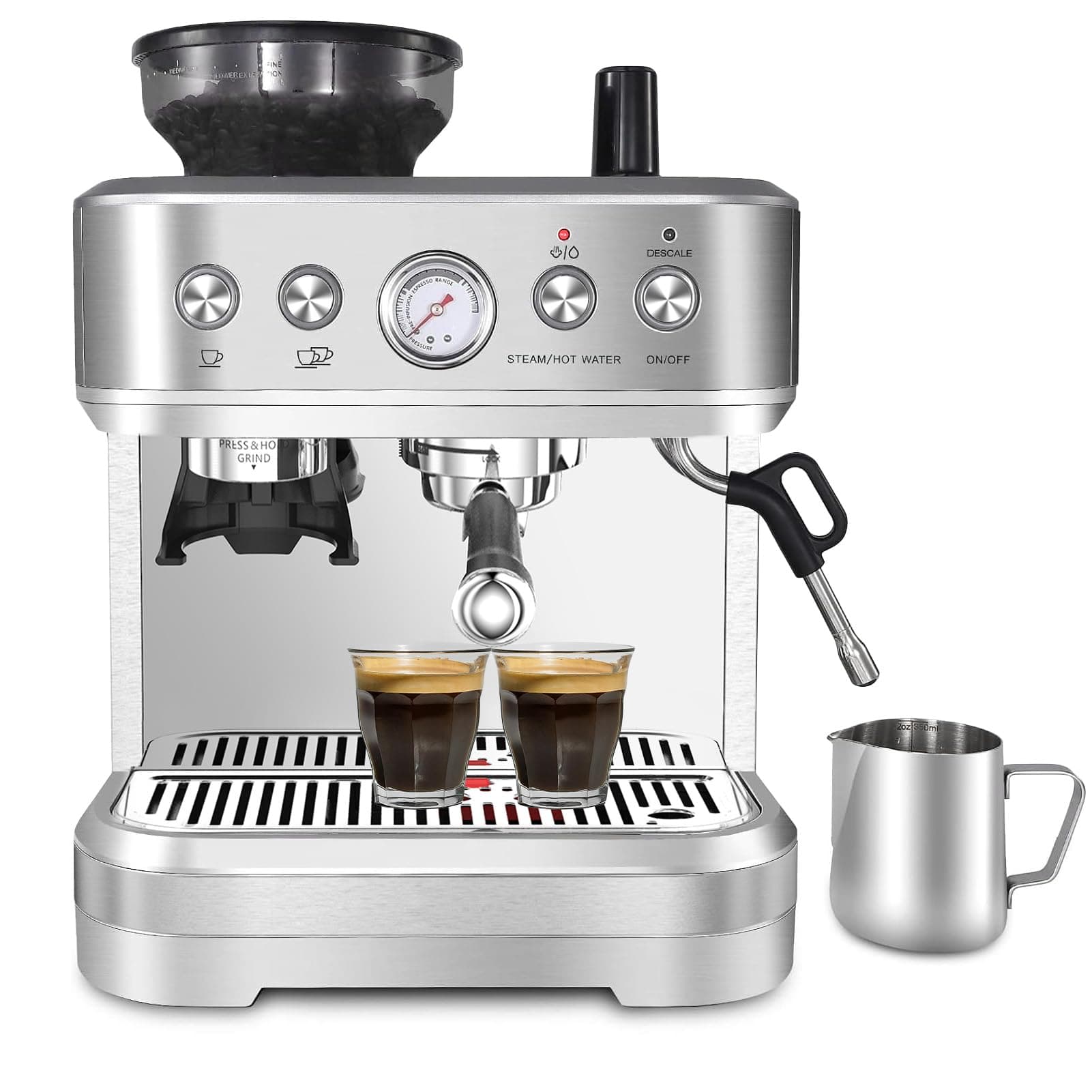 Bean to Cup Coffee Machine - Coffee Maker with Grinder and Milk Frother, 15 Bar Italian Pump - Barista Express with 2 Capacity Options for Espresso, Cappuccino & Latte