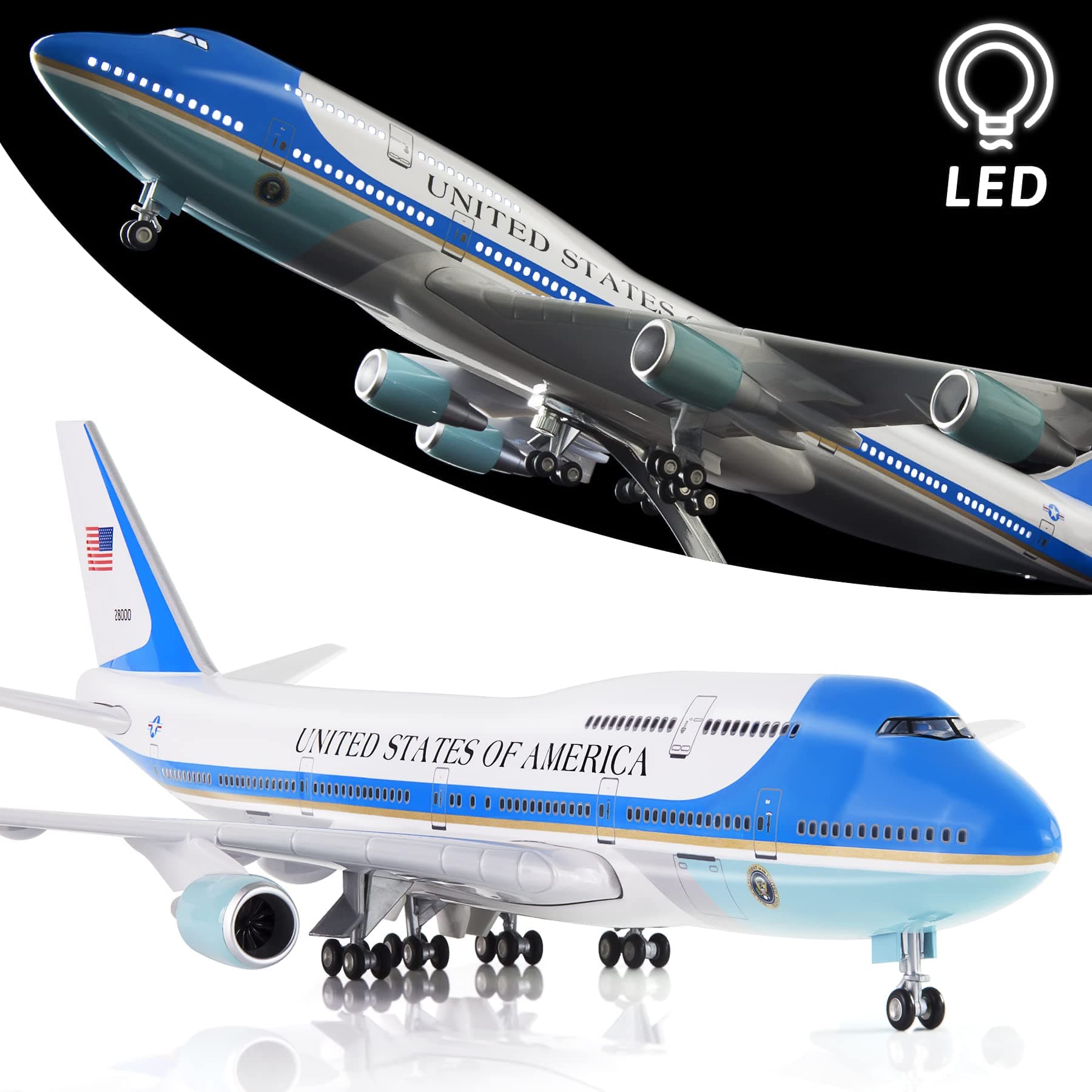 1:130 Scale Large Model Airplane Air Force One Boeing 747 Plane Models Diecast Airplanes with LED Light for Collection or Gift