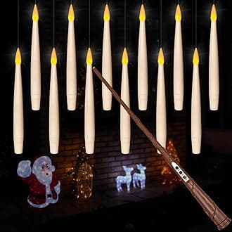 Leejec Floating Candles with Magic Wand Remote(6/18H Timer), 12pcs 6.1" Hanging Flameless Taper Candles, Battery Operated Flickering Warm Light, Halloween Christmas Gift, Wedding Party Decor (Ivory)
