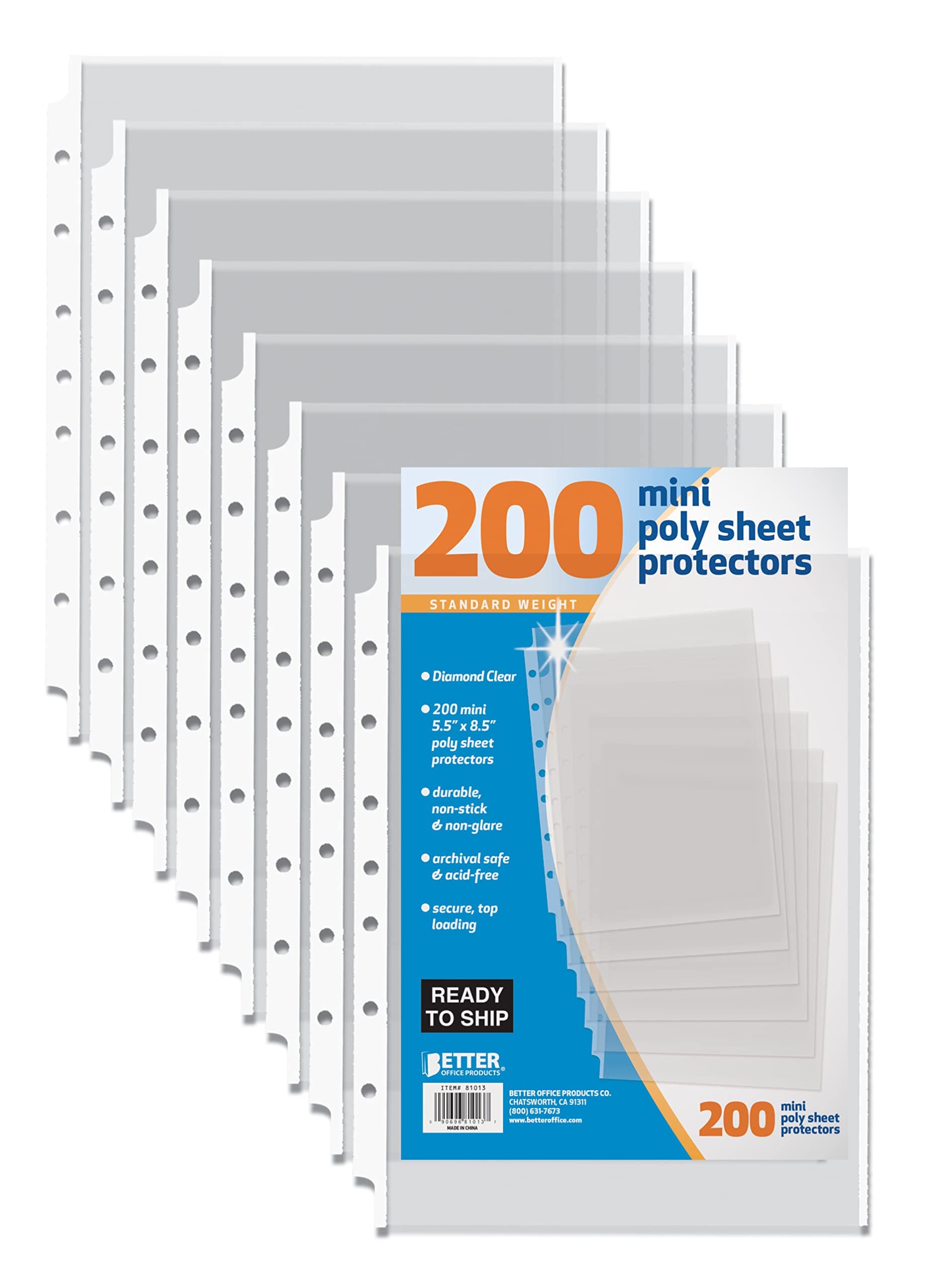 Better Office Products 200 Count Mini Poly Sheet Protectors, Standard Weight, Diamond Clear, 5.5" x 8.5", 200 Pack