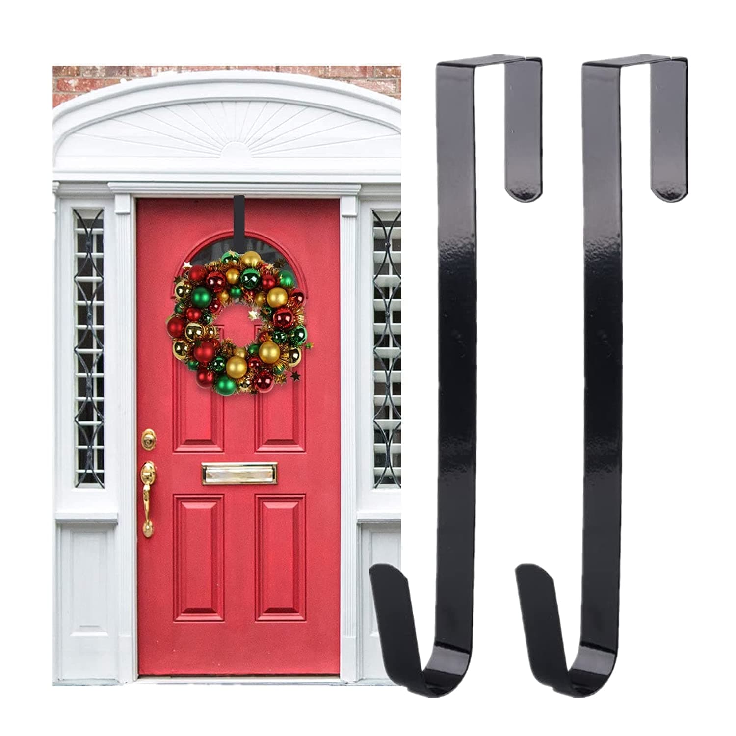 2 Pack Door Hooks (12 in/30cm) Wreath Hanger for Front Door Black Metal, Christmas Door Wreath Hanger, Suitable for Christmas Halloween Easter