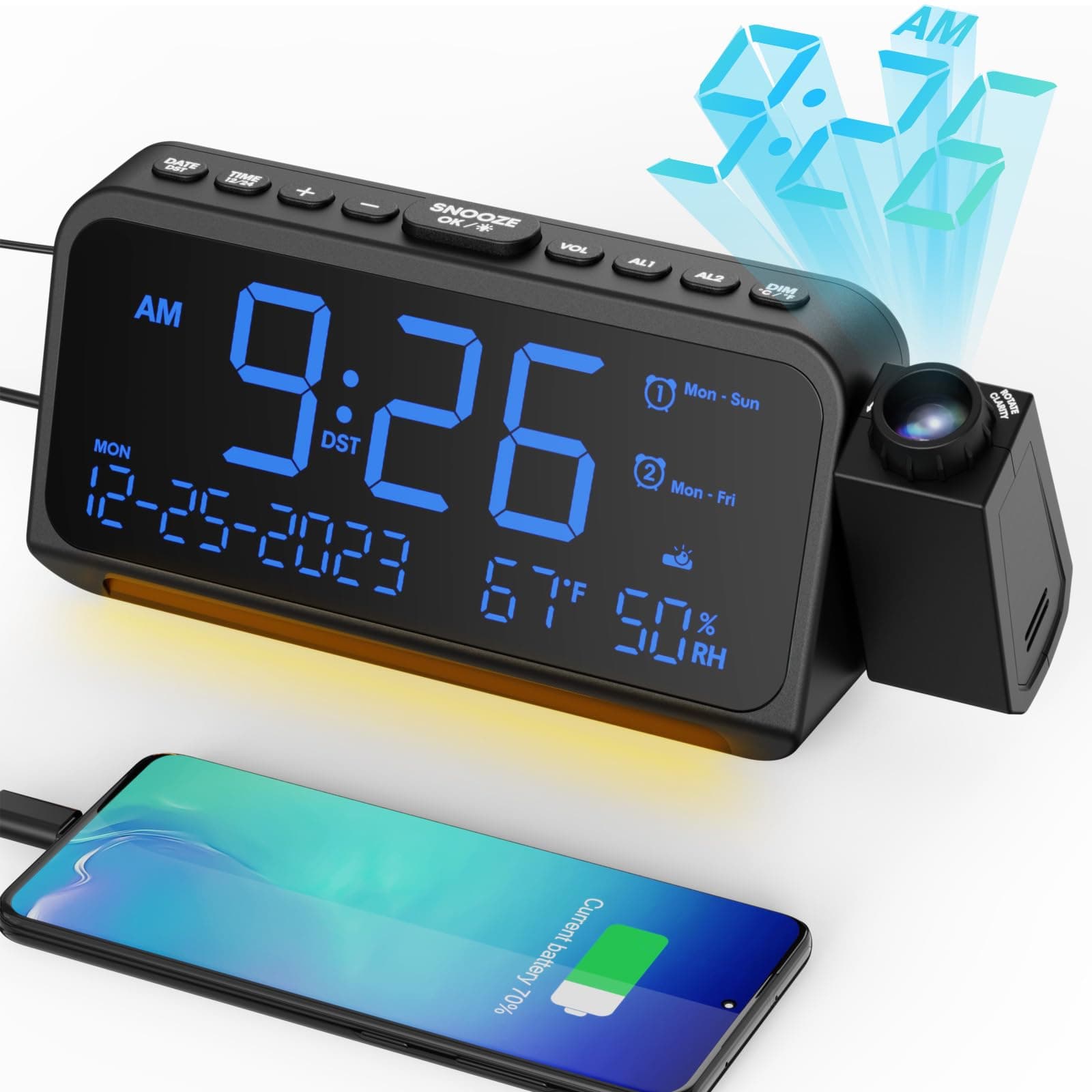 Mesqool Projection Alarm Clock for Bedroom Ceiling, Digital Clock Projector with Weekday/Weekend Mode, Date, Temperature, Humidity, Type-C USB Charger, Snooze, Dual Alarms, Dimmer,12/24H
