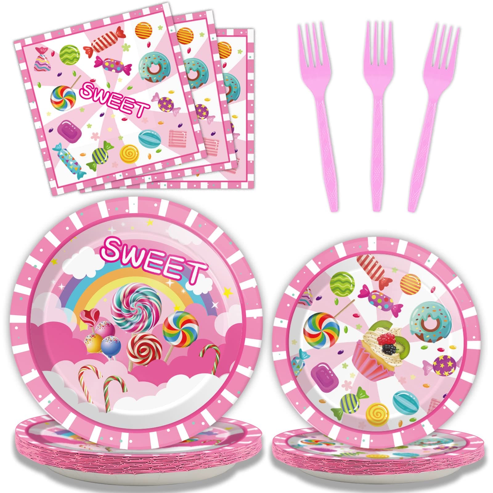 Tevxj 96PCS Candyland Themed Tableware Set Candy Lollipop Birthday Dinnerware Disposable Dessert Plates Donut Candy Party Plates Napkins Forks for Candyland Party Decorations Supplies 24 guests