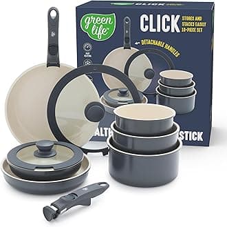 GreenLife 10 Piece Nonstick Pots & Pans Set, Detachable Handle & Stackable Cookware Set, Non Toxic PFAS-Free Skillets, Induction Kitchen Pans, Space Saving, Serving Bowls, Oven Safe, Graphite