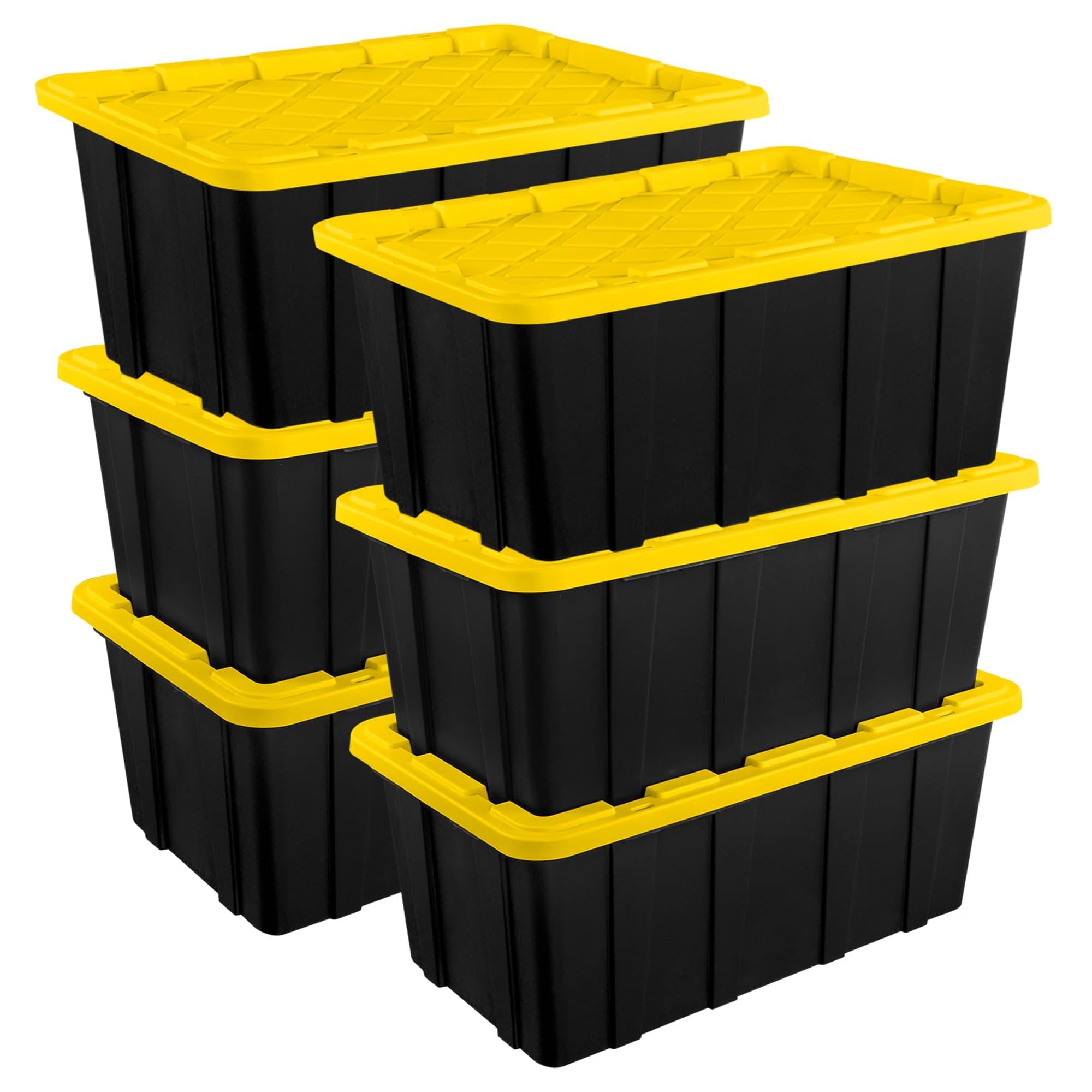 Sterilite 27 Gal Industrial Tote, Stackable Storage Bin with Snap-Fit Lid for Garage, Basement & Attic Storage, Black Base and Yellow Lily Lid, 6-Pack