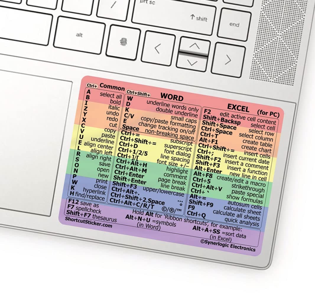 SYNERLOGIC Word/Excel (for Windows PC) Reference Guide Shortcuts Sticker, Laminated, No-Residue Vinyl (Rainbow/Small)