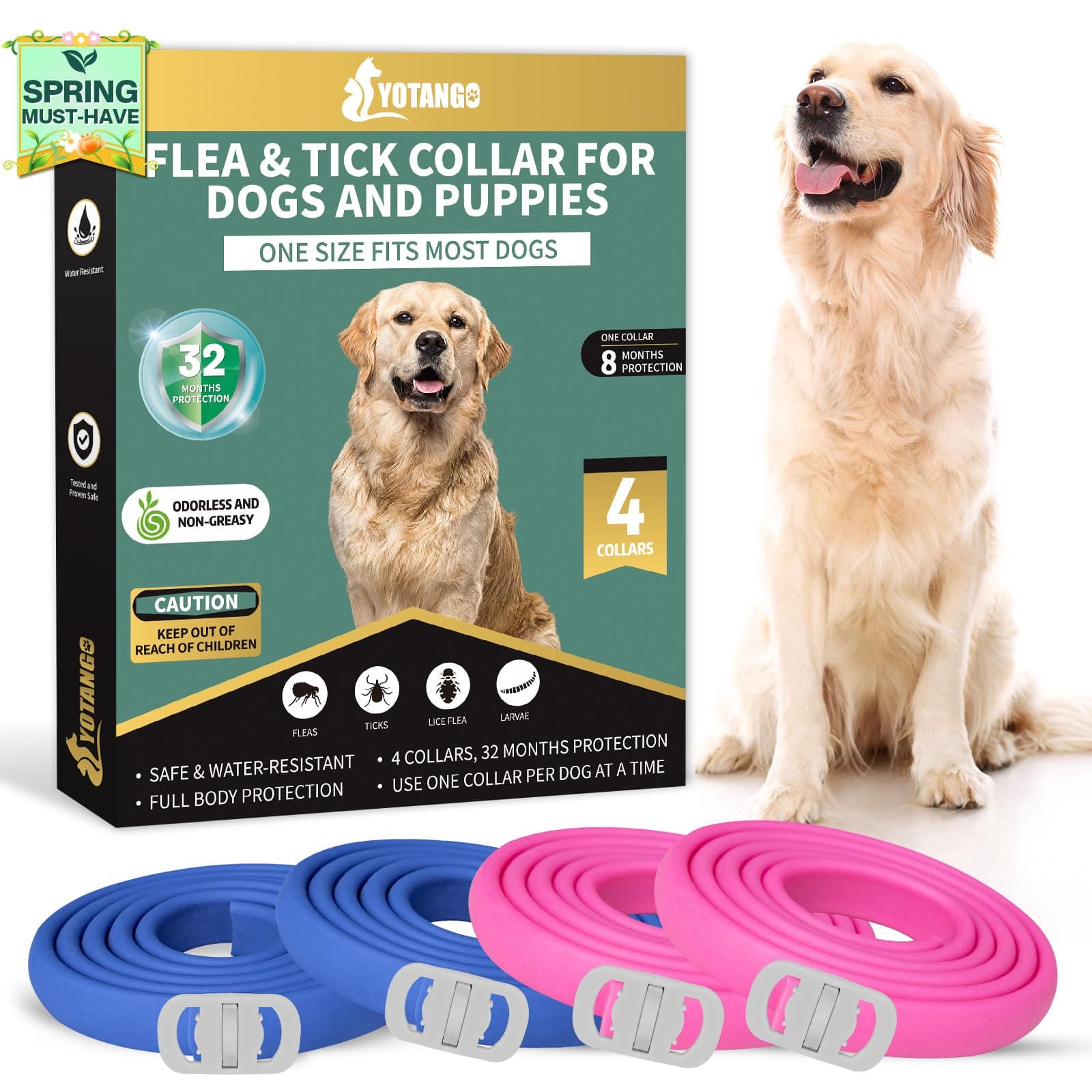 4 Pack Flea Collar for Dogs, Dog Flea Collar Waterproof, 32 Months Prevention, Dog Fleas and Tick Treatment, Adjustable Fleas and Tick Protection for Dogs Puppy(Blue & Pink)