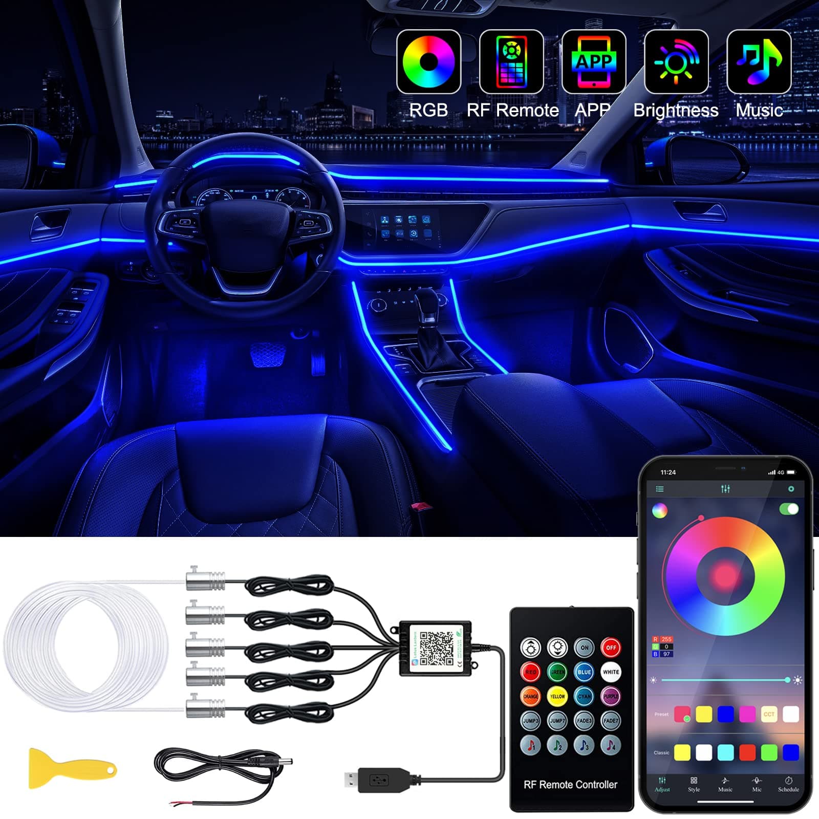 Interior Car LED Strip Lights with Wireless APP and Remote Control, RGB 5 in 1 Ambient Lighting Kits with 236 inches Fiber Optic, 16 Million Colors Car Neon Lights, Sync to Music