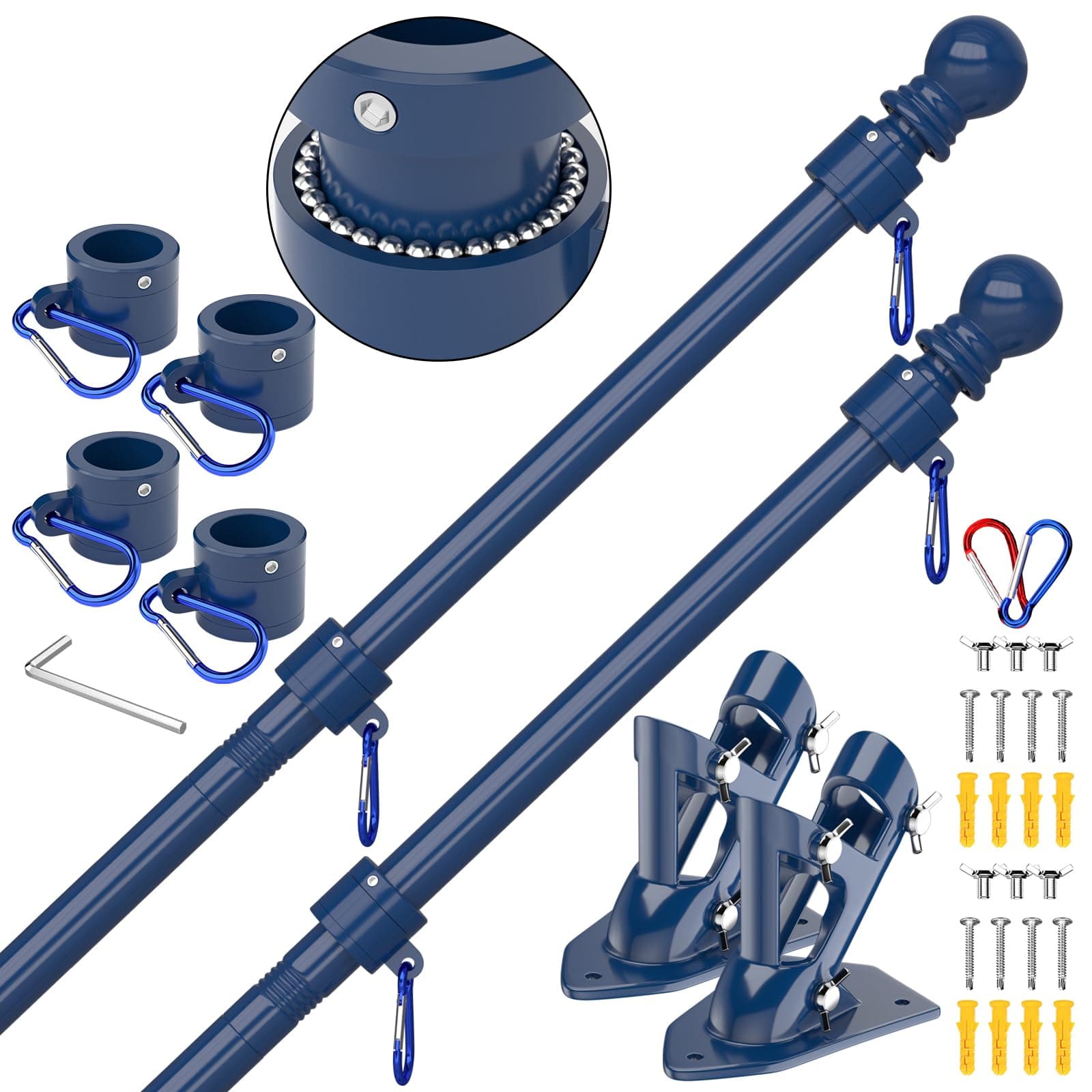 ZMTECH Flag Pole - Upgraded Bracket,(2 Packs) 6 FT Stainless Steel Flag Poles for Outside House, Residential or Commerical, Tangle Free Flag Pole Kit for American Flag (Without Flag, Blue)