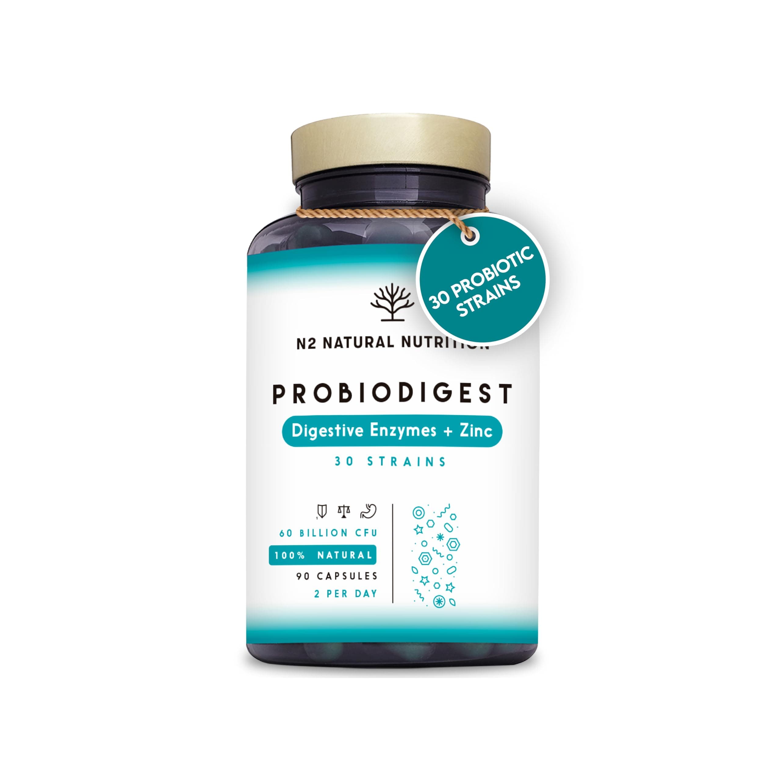 Probiotics Complex 60 Billion UFC, 30 Strains with Digestive Enzymes Plus Prebiotics and Zinc. Bacterial Cultures, Helps Immune System. with lactobacillus. 90 Capsules. CE. N2 Natural Nutrition